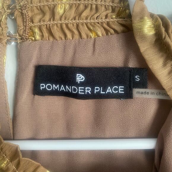 POMANDER PLACE Tan Gold Celeste Blouse Mock Neck Sheer Shimmer Blouse Size Small - Picture 5 of 9